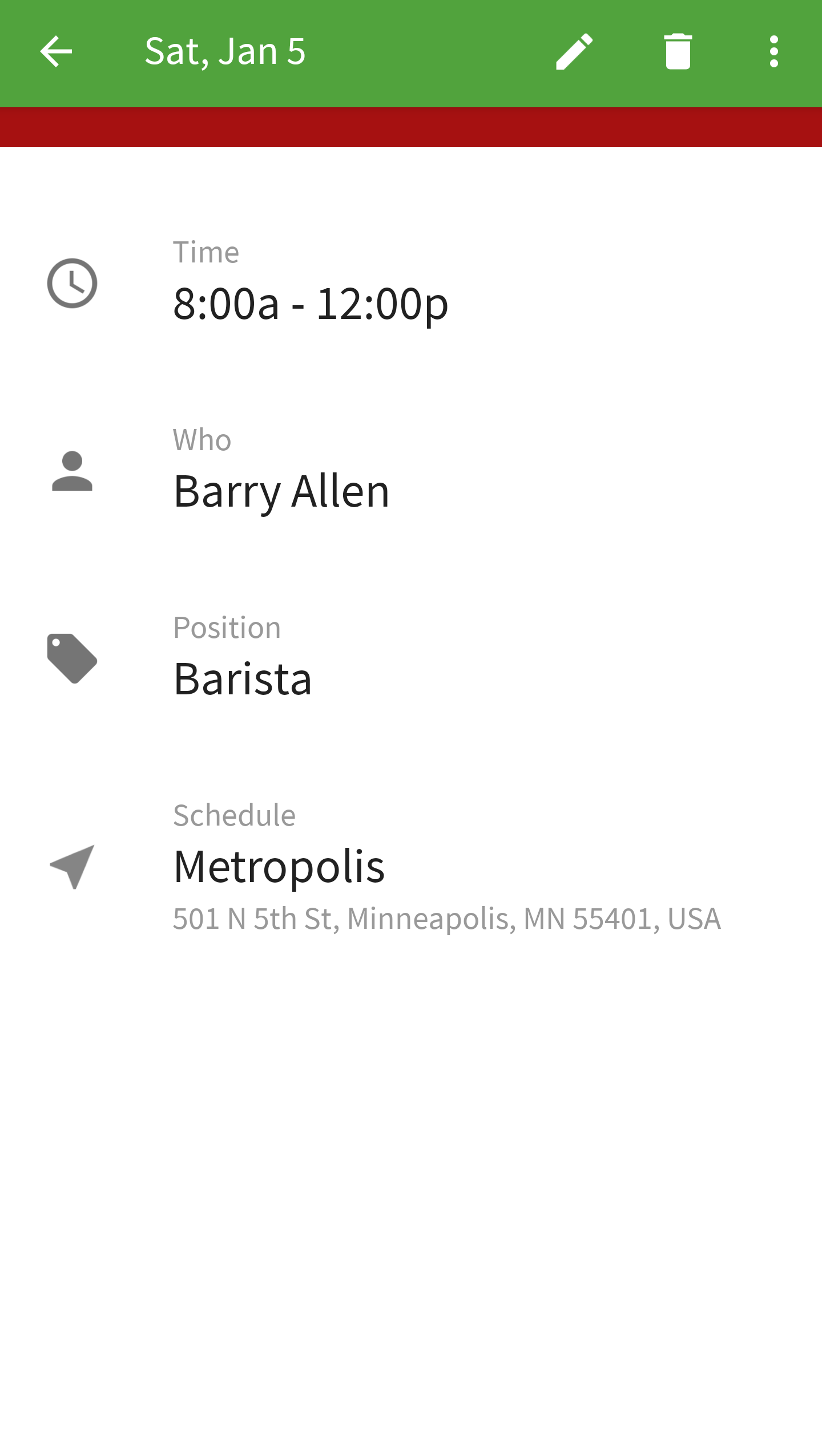 Shift details screen