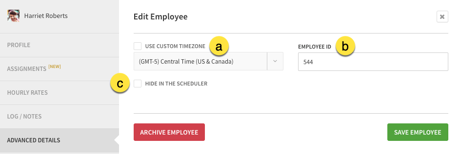 Web Employees advanced details for employee