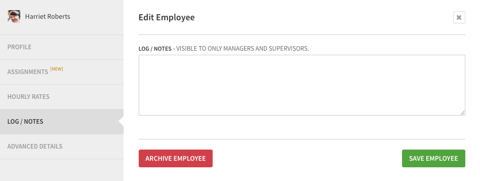 Web Employees log:notes section