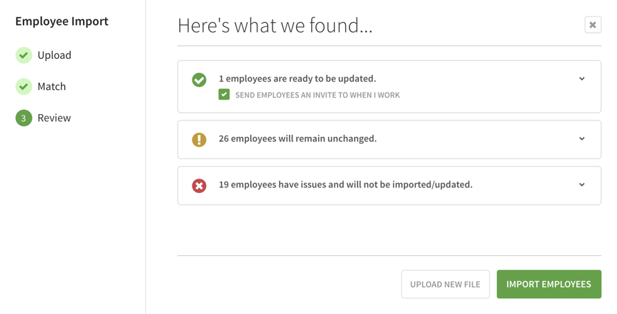 Employee upload dialog review page