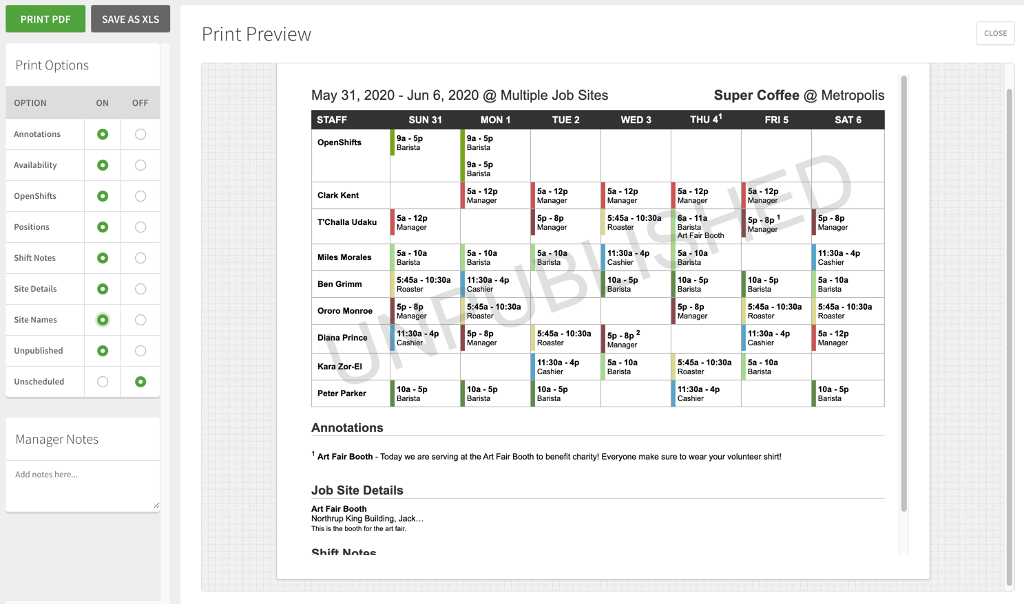 Full schedule print view